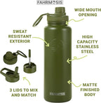 40 Oz Water Bottle with Straw Stainless Steel Sports Water Bottle with 3 Lids (Straw, Chug and Flip Lid) Insulated Leak Proof Metal Jug for Men & Women - Army Green