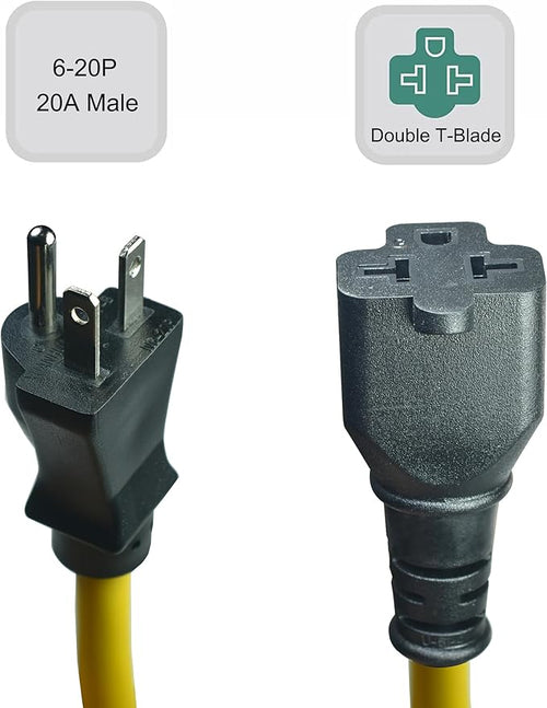 1Ft Nema 6-20P Extension Cord,12AWG Nema 6-20P to 6-15R/20R, 5-15/20R T Blade Heavy Duty Extension-Cable, 250V 20A Plug AC Extension Cord
