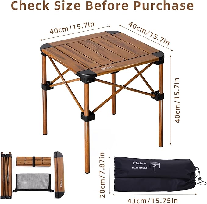 Folding Camping Table, Portable Lightweight Aluminum Camp Table Roll Up Top with Storage Net for Outdoor, Camping, Picnic, Backyards, BBQ(Woodgrain, 15.8 x 15.8 x 15.8in)