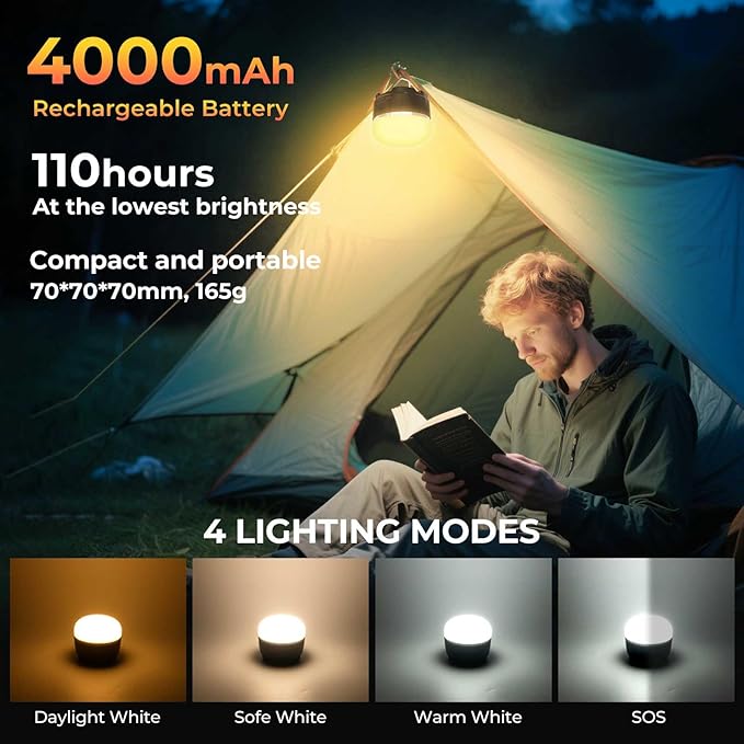 1000LM Camping Lantern Rechargeable, 11 Light Modes with RGB Color Changing Camping Lights, Portable Tent Light with Magnetic Base, Waterproof Emergency Hanging Light for Hurricane, Home, Camping