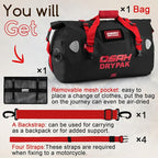 Waterproof Duffel Bag - Motorcycle Dry Bag Tail Bag with Large Storage Space, Waterproof Luggage Duffle Bags with Outer Mesh Zipper Pocket for Camping, Kayaking, Fishing & Traveling