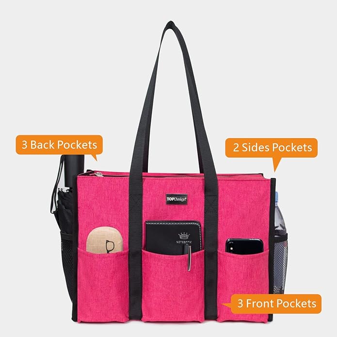 TOPDesign Utility Water Resistant Tote Bag with 13 Pockets, Top Zipper Closure & Thick Bottom Support, for Working Women