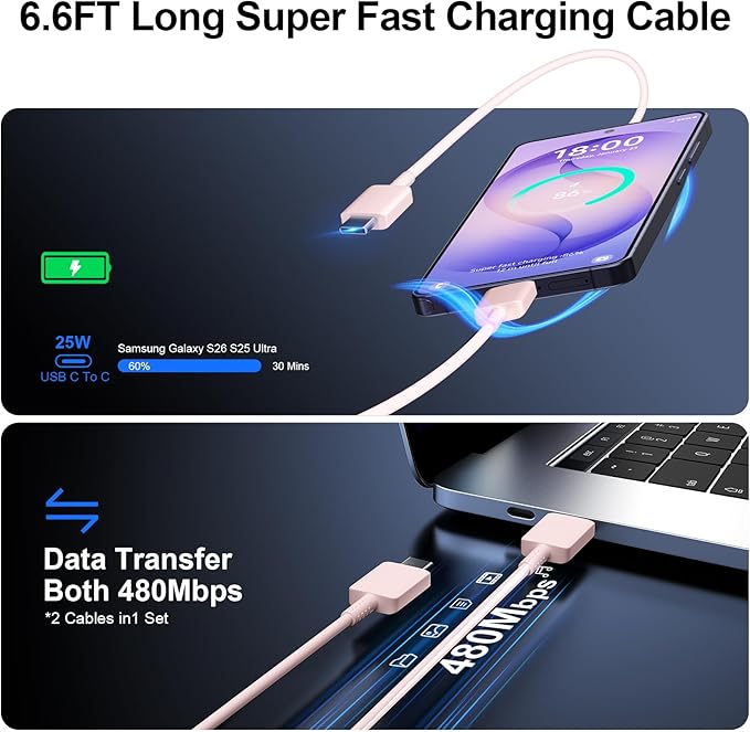 Super Fast Charger Type C, 25W USB C Wall Charger Fast Charging for Samsung Galaxy S26 Ultra/S26/S26+/S25 Ultra/S25/24 Ultra/S24/S23 Ultra/S22 Ultra with 6.6FT Long Android Type C Charger Cable 2Pack