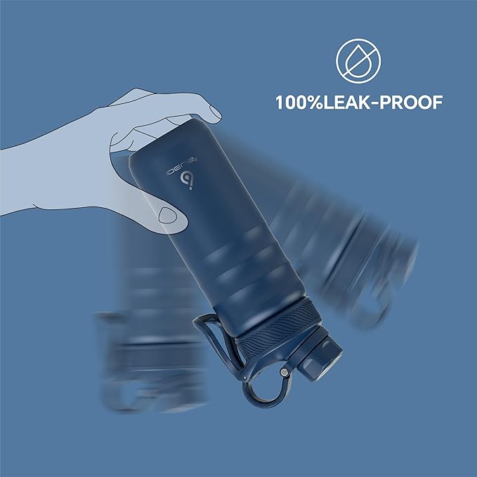 IDEUS Insulated Stainless Steel Water Bottle with 2 Leak-Proof Lids, Thermal Water Flask for Hiking Biking, 18oz, Navy Blue