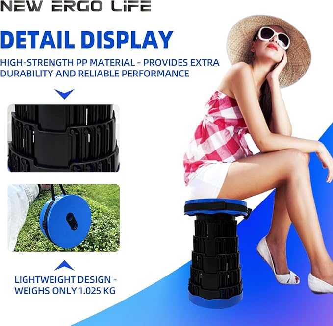 Portable Collapsible Stool - 4 Pillars Large Weight Capacity Travel-Friendly Folding Stool, Easy to Use Lightweight Telescoping Seat for Outdoor Activities, Camping & Hiking (Blue)