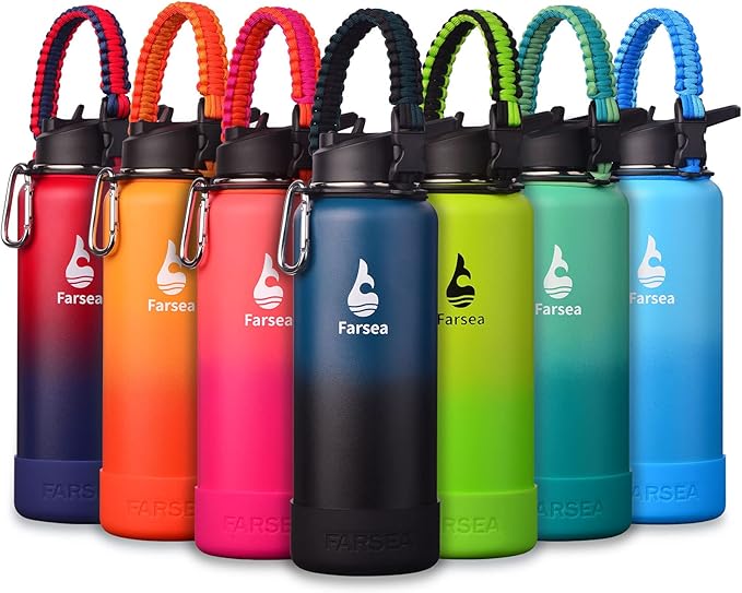 Farsea Insulated Water Bottle With Paracord Handle, Protective Silicone Boot and 2 Lids (Straw Lid & Spout Lid), Stainless Steel Water Bottle Wide Mouth, Double Wall Sweat-Proof BPA-Free, 40 oz