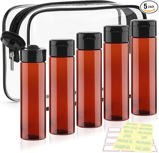 Cosywell 5 Pack Travel Bottles for Toiletries 3.4oz Shampoo Bottles TSA Approved Travel Size Containers Leak Proof Wide Mouth Squeeze Bottle for Lotion(Brown)