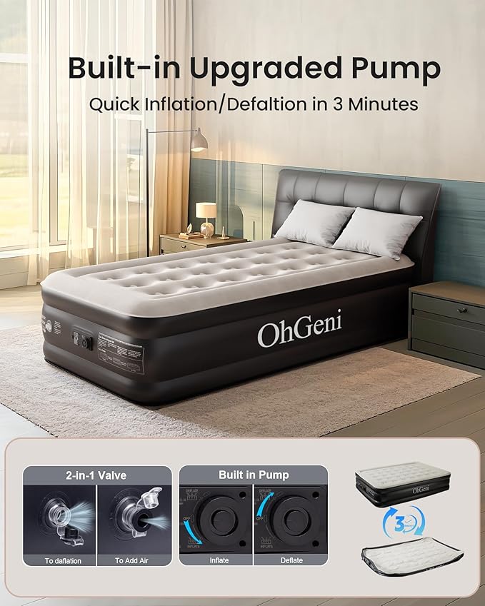 OhGeni Twin XL Air Mattress with Built in Pump for Guest, 18'' Colchon Inflables Blow Up Air Bed with Carrying Bag for Camping, Raised Elevated Double Airbed, Foldable & Portable Air Mattress, Black