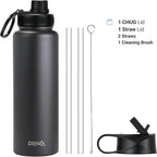 DRINCO Stainless Steel Water Bottle Spout Lid Vacuum Insulated Double Wall Water Bottles Wide Mouth (40oz 32oz 22oz 18oz 14oz) Leak Proof Keeps Cold or Hot (40 oz, 40oz Black)