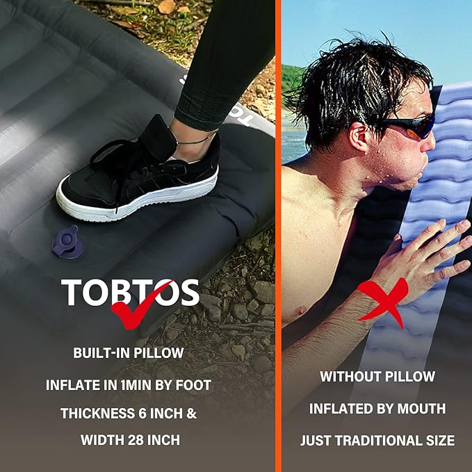 TOBTOS Inflatable Camping Sleeping Pad with Pillow, Thick 6 Inch Ultralight Sleeping Pad with Built-in Pump, Lightweight Sleeping Mat for Camping, Backpacking, Hiking, Tent (Grey)