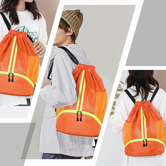 Hoedia Sports Drawstring Backpack - String Swim Gym Bag with Shoes Compartment and Wet Proof Pocket for Women/Men (Orange)