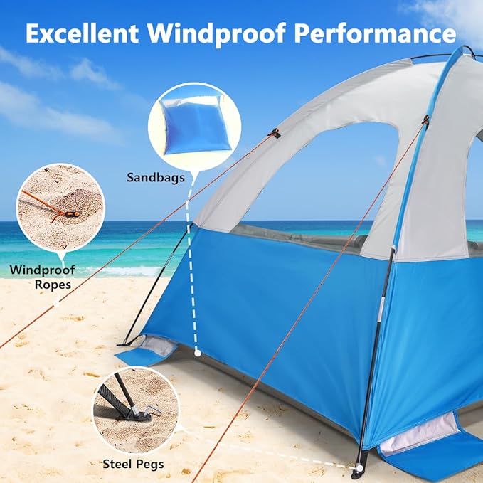 NXONE Beach Tent Sun Shade Shelter for 3/4/6 Person Person with UV Protection, Extended Floor, 3 Mesh Roll Up Windows & 8.0/8.5mm Fiberglass Rods丨Carry Bag Included