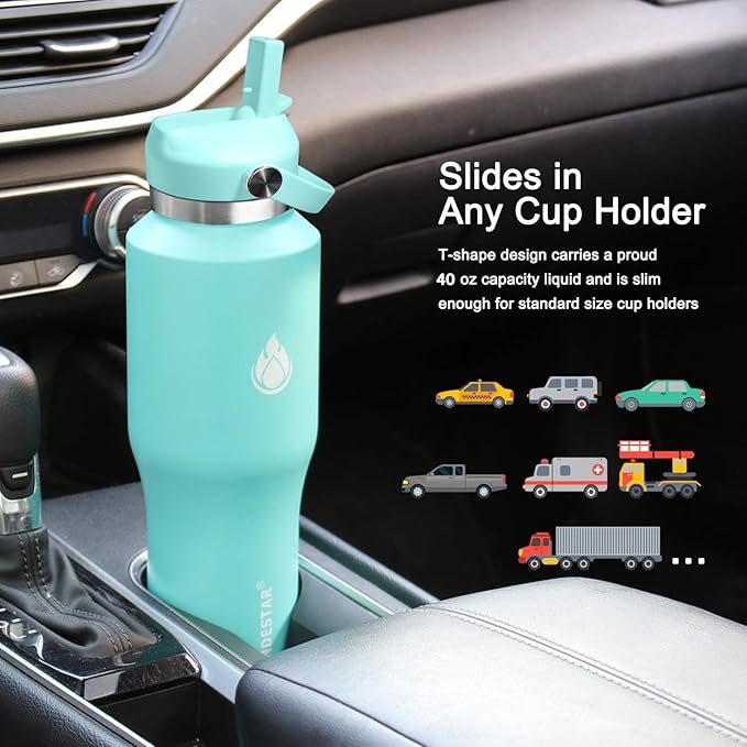 SENDESTAR 40oz Stainless Steel Water Bottle(Cold for 48 Hrs, Hot for 24 Hrs),Double Wall Vacuum Insulated Bottle with Straw Lid, Spout Lid and Flex Cap, Fit in Any Car Cup Holder