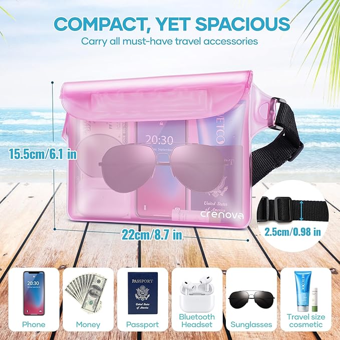 Waterproof Fanny Pack for Women, Waterproof Pouch for Phone Passport Purse, Beach Accessories Dry Bag, Floating Water proof Bags for Cruise Ship Travel Water Park Boating Fishing Diving Kayaking Pool