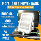 PRAANA Portable Solar Power Bank & Flashlight with 7W Panel – 3in1 Survival Kit | 5000mAh USB-C Charger & 800-Lumen Light | Must-Have Power Backup for Home, Power Outages & Camping | iPhone & Android