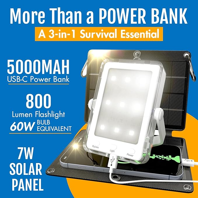 PRAANA Portable Solar Power Bank & Flashlight with 7W Panel – 3in1 Survival Kit | 5000mAh USB-C Charger & 800-Lumen Light | Must-Have Power Backup for Home, Power Outages & Camping | iPhone & Android