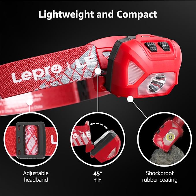 Lepro 320015 Battery Powered Headlamp - 1300Lux Super Bright LED Head Lamp with Red Light, IPX4 Waterproof Headlights for Outdoor Camping, Hiking, Hunting, Power Outages, Emergency, Hurricane - Red