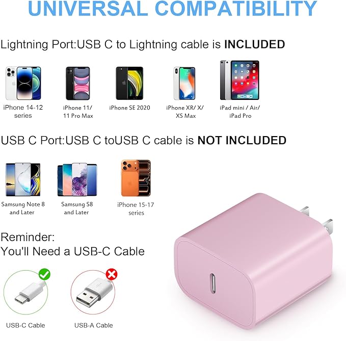 iPhone Fast Charger 3+3Pack 20W USB C Wall Charger with 6FT Fast Charging Cable Compatible with iPhone 14/13/12/11/Pro/Pro Max-Pink