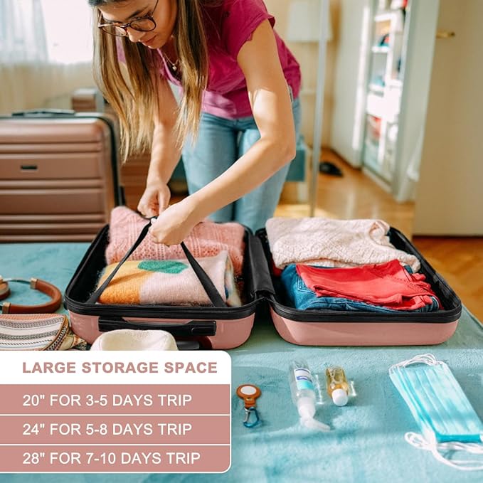 Kono 3 Piece Luggage Sets Expandable(only 28") Lightweight with Spinner Wheels TSA Lock Hardside Travel Rolling Suitcases 20in 24in 28in Carry on Nude/Rose Pink