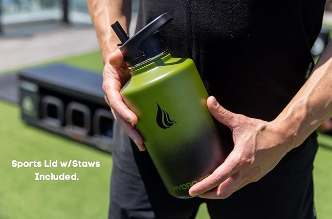 HYDRO CELL Stainless Steel Insulated Water Bottle with Straw - For Cold & Hot Drinks - Metal Vacuum Flask with Screw Cap and Modern Leakproof Sport Thermos for Adults (Army/Black 64oz)