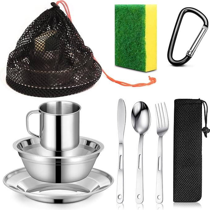 Scout Camping Mess Kit for Person 18/8 Stainless Steel Utensils Camping Dinnerware Kit Boy Scout Dishes Set Girl Scout Mess Kit with Mesh Bag Camping Cutlery Set for Travel Trip School Camp