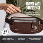 VENTURE 4TH RFID Money Belt for Travel with RFID Blocking Sleeves – Slim Hidden Travel Wallet & Passport Holder for Men & Women, Lightweight Anti-Theft Pouch to Protect Cash, Cards & Documents - Brown