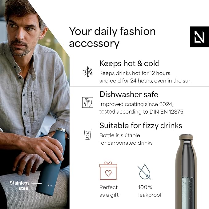 LARS NYSØM Stainless Steel Insulated Water Bottle 12 oz 17 oz 25 oz 34 oz 51 oz | Insulated Thermo Flask for Hot and Cold Beverages | Leakproof Drinking Bottle (Taupe Brown, 33.8 oz)