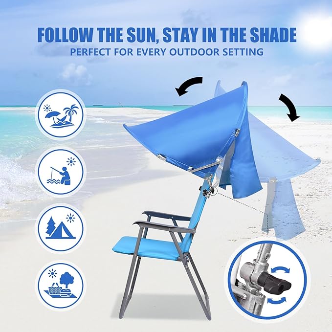 XL Universal Chair Canopy Umbrella, UPF 50+ Foldable Sun Shade Attachment with Adjustable Clamp, Fits Most Brands’ Beach, Camping, Lawn, Tanning, Zero Gravity, Lounge & Fishing Chairs