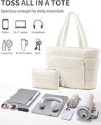 Puffer Tote Bag for Women, Lightweight Puffy Work Handbag Teacher Nurse Quilted Shoulder Bag for School Travel Gym