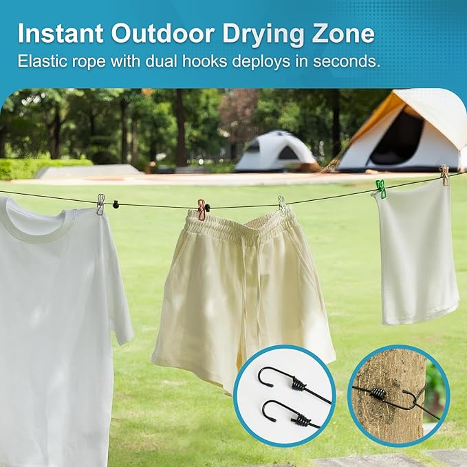 2 Pack Retractable Portable Clothesline, Windproof Clothes Line for Outdoor Camping, Travel, Laundry Drying with 12 Clips for Cruise, Hotel & Home-Sapphire Blue & Colorful