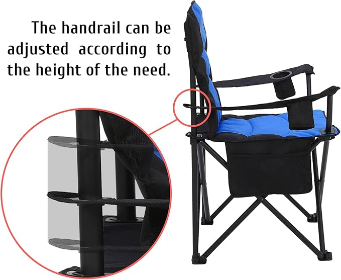 Oversized Camping Chair Folding Heavy Duty Quad Outdoor Large Lawn Chairs Portable Support 400 lbs Padded Thicken Oxford with Armrests, Storage Bag, Cup Holder, Carry Bag for Outside(Blue)
