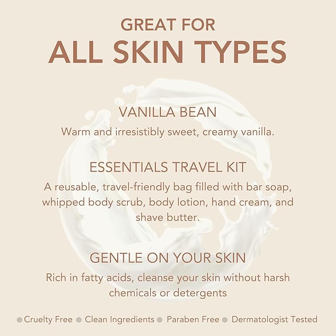 Dionis Goat Milk Vanilla Bean Hand Cream, Body Lotion, Whipped Body Scrub, Shave Butter, Bar Soap 3 oz & Carrying Case 6-Piece Travel Set