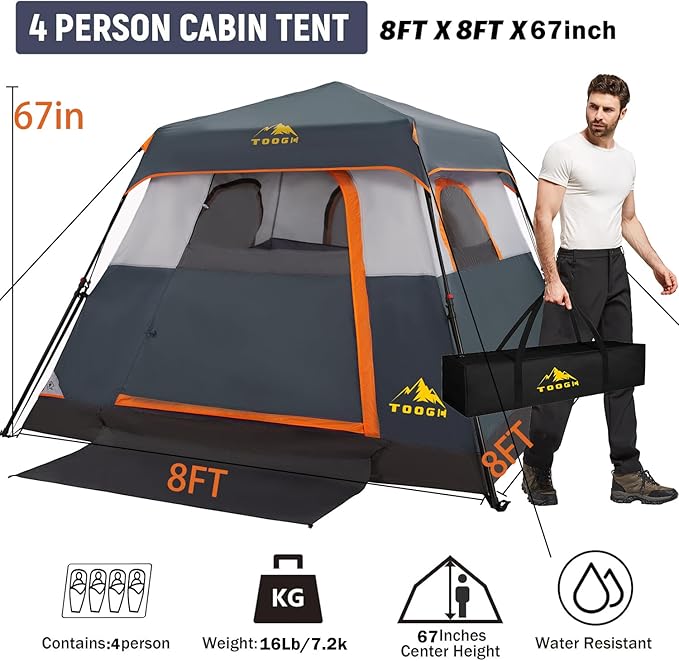 3/4 Person/6 Person Camping Tent Fast Cabin Tent with Instant Setup Tent, Weatherproof Tent Easy Quick Set Up & Pop Up in 60 Seconds with Rainfly Backpack for Family Camping,Upgraded Ventilation