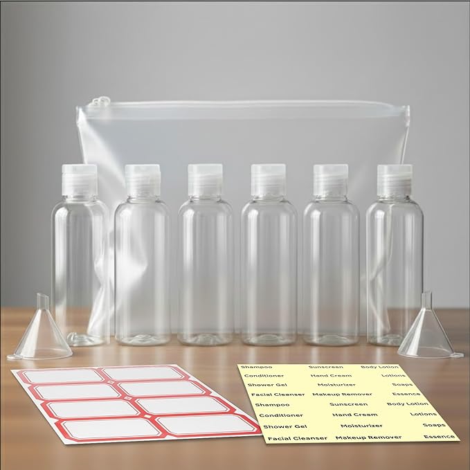 6 Pack Travel Bottles - Travel Containers for Toiletries - TSA Approved Size - Refillable Empty Plastic Bottles with 2 Labels, Funnels & Carry Bag - For Shampoo, Lotion, Conditioner, Sanitizer - 3.4oz