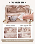 EACHY Travel Makeup Bag,Large Capacity Cosmetic Bags for Women,Waterproof Portable Pouch Open Flat Toiletry Bag Pattern Makeup Bag (F-Brown-Large)