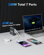 Aluminum Alloy 260W USB C Charger GaN Fast USB C Charging Station 7 Ports 65W Laptop Charger for MacBook Pro/Air/iPad Pro/iPhone (Gray)