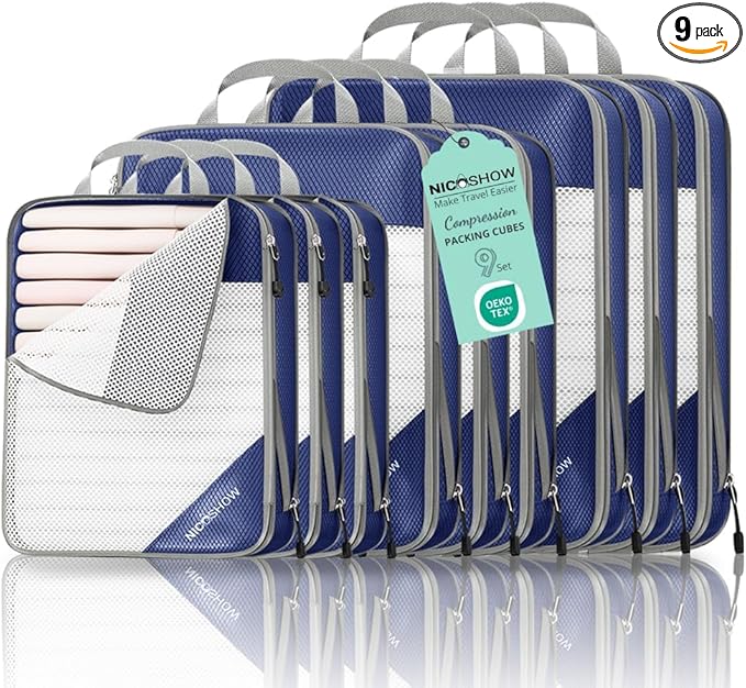 9 Set Compression Packing Cubes for Travel - Compressible, Lightweight, and Space-Saving Packing Cubes, Travel Essentials for Women, Navy