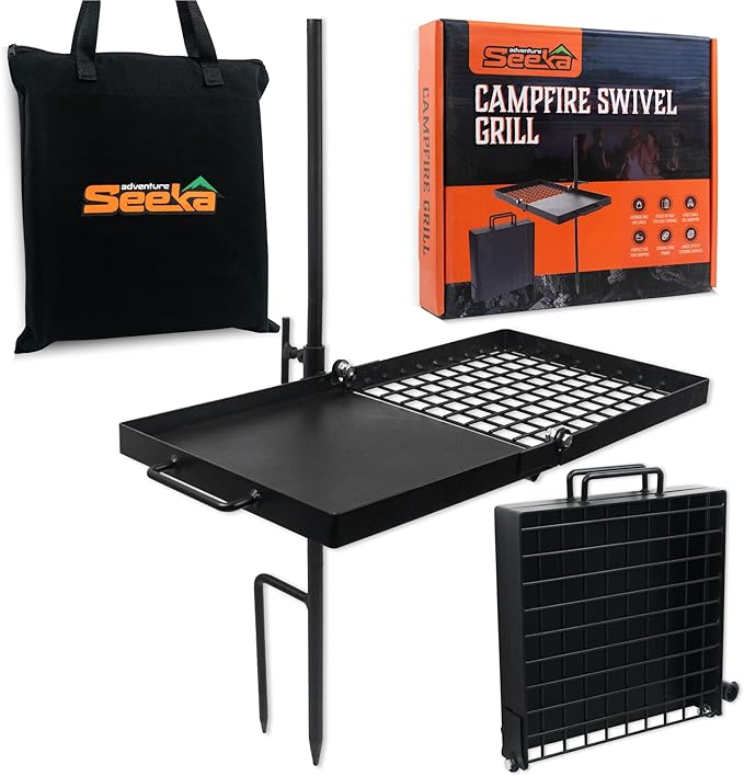 24" Heavy Duty Folding Campfire Grill, Compact Swivel Grill Design, Food-Safe Cooking Surface, Grate & Griddle for Campfire Cooking, Australian Owned