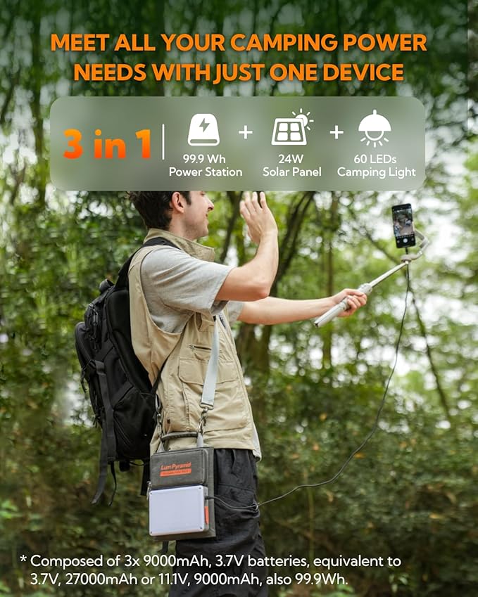 Portable Solar Charger 99.9 Wh Battery Bank Equipped with 24W Foldable Solar Panels and 600 Lumen Adjustable LED Camping Light, 65W PD USB-C, 22W QC3.0 USB A Output for Outdoor