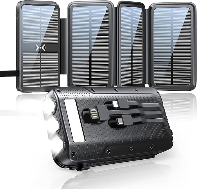 Solar Charger, Power Bank, Portable Charger,43800mAh QC3.0 Fast Charger Qi 10W Wireless Charger 4 Solar Panel Built-in 2 Kinds Output Cable and 680Lumen flashlights