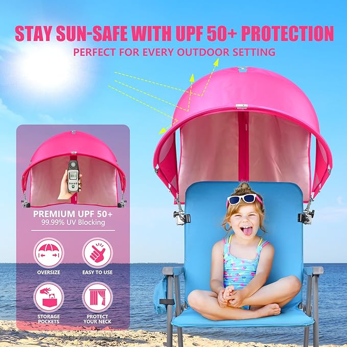 XL Universal Chair Canopy Umbrella, UPF 50+ Foldable Sun Shade Attachment with Adjustable Clamp, Fits Most Brands’ Beach, Camping, Lawn, Tanning, Zero Gravity, Lounge & Fishing Chairs