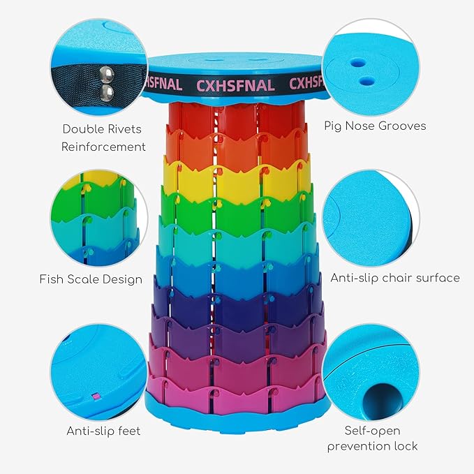 Upgraded Portable Foldable Stool,Folding Camp Stool,Lightweight Sturdy 400lbs Load Capacity Collapsible seat Height Adjustable for Fishing Hiking Picnic Hunting Party BBQ Indoor (Rainbow)