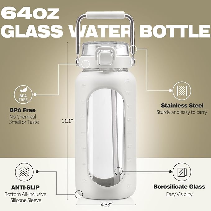 BLUEGO 64oz Water Bottle Glass with Stainless Steel Handle Large Water Bottle with Time Markers and Silicone Sleeve Half Gallon Water Jug BPA Free for Gym Daily Use, White