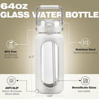 BLUEGO 64oz Water Bottle Glass with Stainless Steel Handle Large Water Bottle with Time Markers and Silicone Sleeve Half Gallon Water Jug BPA Free for Gym Daily Use, White