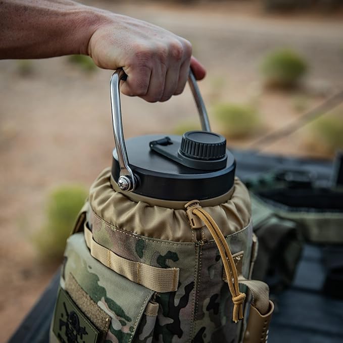 Iron Infidel Battle Bottle - One Gallon Insulated Water Bottle with Dual Carry Handles - 128 oz Tactical Stainless Steel Water Jug & Rugged Extra Large Sleeve With Storage (OCP Camo 128 Ounces)