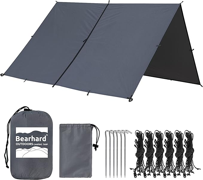Bearhard Waterproof Camping Tarp, Lightweight Hammock Rain Fly, UV Protection and PU 3000mm Waterproof Backpacking Tarp, 10x10ft/10x12ft Large Tent Footprint or Shelter Kit for Hiking and Outdoor Adventure