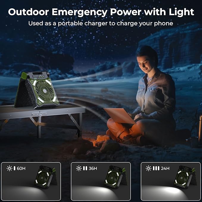 KITWLEMEN Upgraded Solar Camping Fan with Lantern - Rechargeable Battery Operated Fan, 36H Run Time Max, 4 Speeds, 8H Timer, 90° Adjustable Portable Desk Fan for Hurricane, Power Outage, Outdoor Use