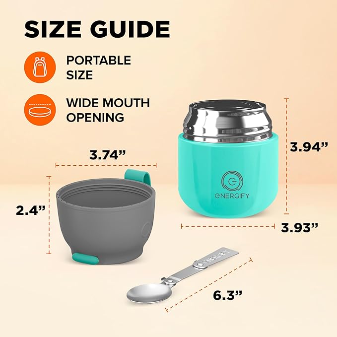 ENERGIFY Vacuum Insulated Food Jar. Large 12oz Bowl incl. Folding Spoon, Cup. Wide Mouth Keep Hot & Cold Drinks Soup Lunch Container for Adults. BPA-Free Stainless Steel, Leak Proof Mint Green