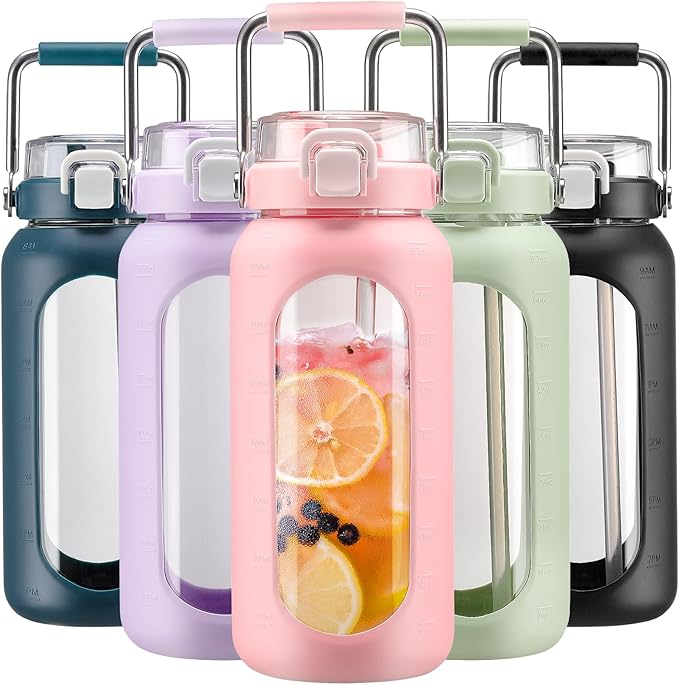 BLUEGO 64oz Water Bottle Glass with Stainless Steel Handle Large Water Bottle with Time Markers and Silicone Sleeve Half Gallon Water Jug BPA Free for Gym Daily Use, Pink