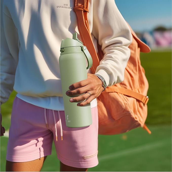 32 oz Insulated Water Bottle with Straw: Meoky Stainless Steel Metal Water Bottle with 2-in-1 Lid - Leak Proof, Cold for 24 Hours, Protective Silicone Base, BPA-Free for Sports Gym, Cream